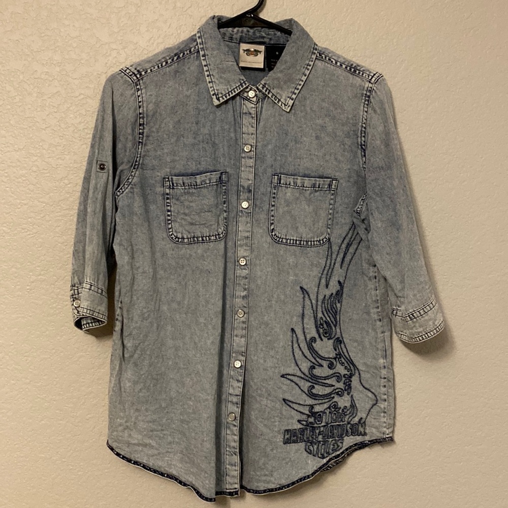 Harley-Davidson Womens Vintage Wash Convertible Sleeve Lightweight Denim Tee - S - Picture 3 of 11